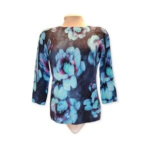 Talbots Petites Pure Cashmere Blue & Black Floral Lightweight Sweater Size MP